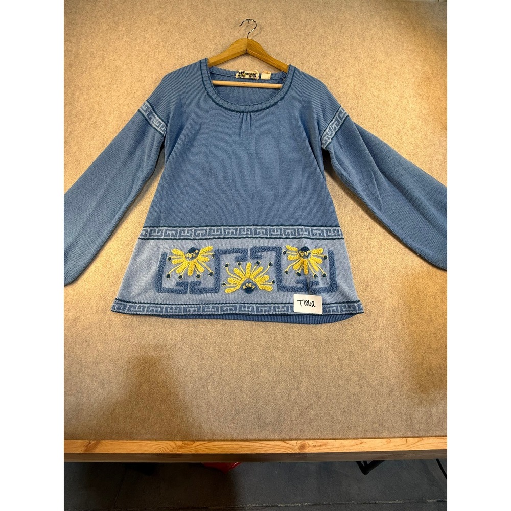 Vintage Pear Blossom Blue‎ Knit Sweater Greek Key Floral Embroidered Tunic M